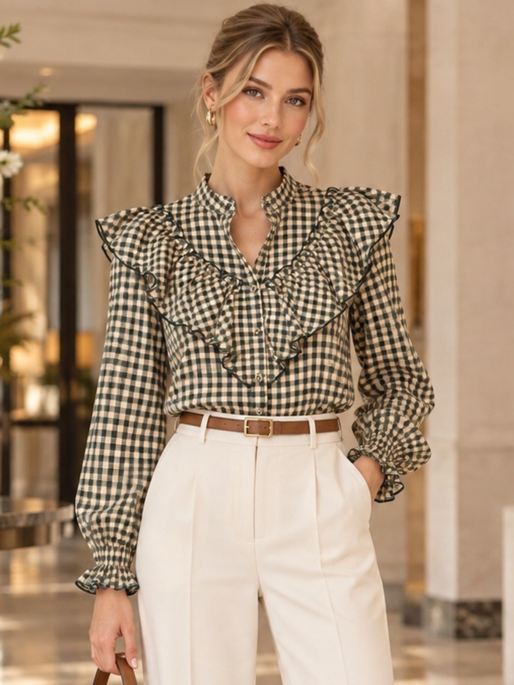 Zara Green Gingham Ruffle Blouse